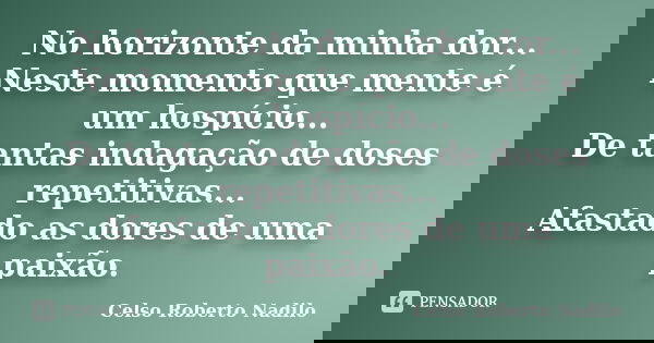 No horizonte da minha dor... Neste momento que mente é um hospício... De tantas indagação de doses repetitivas... Afastado as dores de uma paixão.... Frase de celso roberto nadilo.