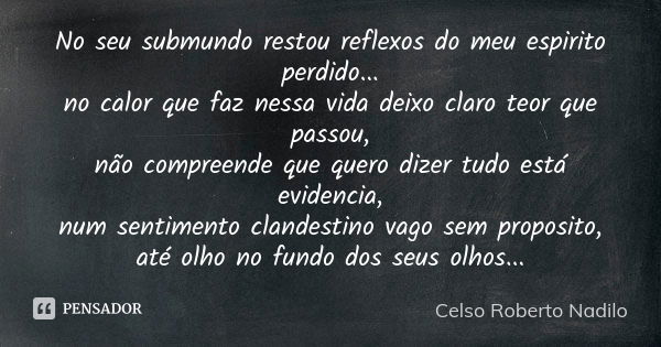 No seu submundo restou reflexos do meu espirito perdido... no calor que faz nessa vida deixo claro teor que passou, não compreende que quero dizer tudo está evi... Frase de Celso Roberto Nadilo.