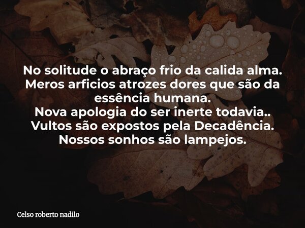 No solitude o abraço frio da calida alma. Meros arficios atrozes dores que são da essência humana. Nova apologia do ser inerte todavia.. Vultos são expostos pel... Frase de Celso roberto nadilo.