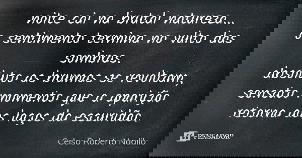 noite cai na brutal natureza... o sentimento termina no vulto das sombras. absoluto as brumas se revoltam, sensato momento que a aparição retorna aos laços da e... Frase de celso roberto nadilo.