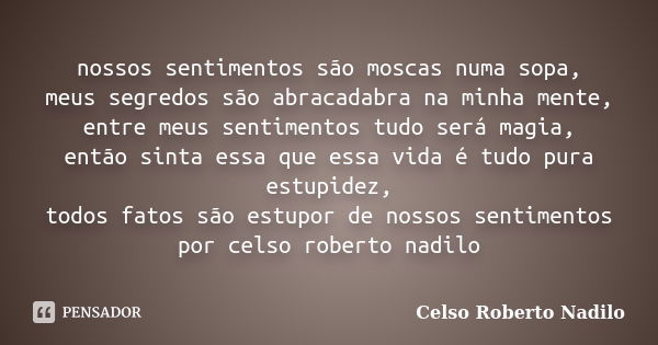 nossos sentimentos são moscas numa sopa, meus segredos são abracadabra na minha mente, entre meus sentimentos tudo será magia, então sinta essa que essa vida é ... Frase de celso roberto nadilo.