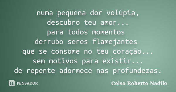 numa pequena dor volúpia, descubro teu amor... para todos momentos derrubo seres flamejantes que se consome no teu coração... sem motivos para existir... de rep... Frase de celso roberto nadilo.