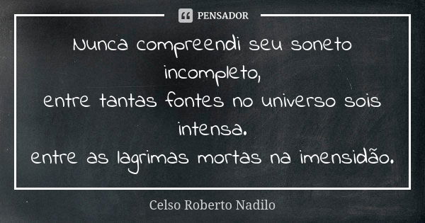 Nunca compreendi seu soneto incompleto, entre tantas fontes no universo sois intensa. entre as lagrimas mortas na imensidão.... Frase de Celso Roberto Nadilo.