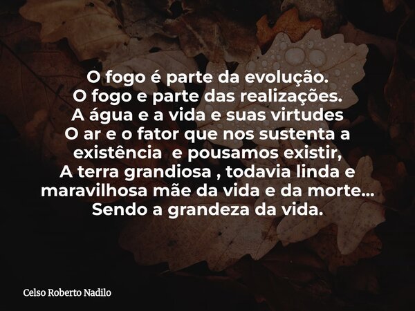 O fogo é parte da evolução. O fogo e parte das realizações. A água e a vida e suas virtudes O ar e o fator que nos sustenta a existência e pousamos existir, A t... Frase de Celso Roberto Nadilo.