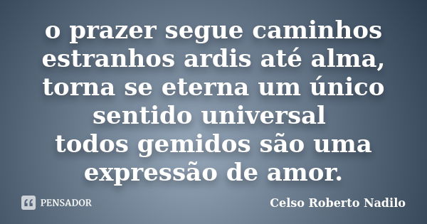 o prazer segue caminhos estranhos ardis até alma, torna se eterna um único sentido universal todos gemidos são uma expressão de amor.... Frase de celso roberto nadilo.