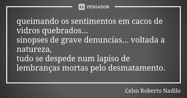 queimando os sentimentos em cacos de vidros quebrados... sinopses de grave denuncias... voltada a natureza, tudo se despede num lapiso de lembranças mortas pelo... Frase de Celso Roberto Nadilo.