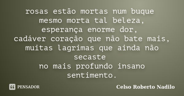 rosas estão mortas num buque mesmo morta tal beleza, esperança enorme dor, cadáver coração que não bate mais, muitas lagrimas que ainda não secaste no mais prof... Frase de celso roberto nadilo.