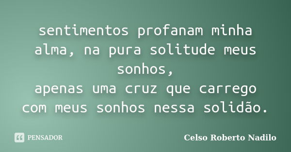 sentimentos profanam minha alma, na pura solitude meus sonhos, apenas uma cruz que carrego com meus sonhos nessa solidão.... Frase de celso roberto nadilo.