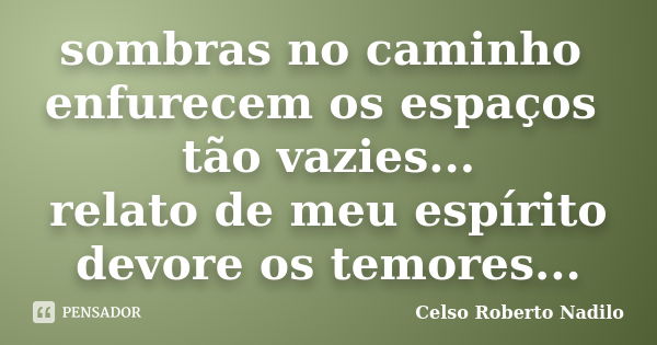 sombras no caminho enfurecem os espaços tão vazies... relato de meu espírito devore os temores...... Frase de celso roberto nadilo.