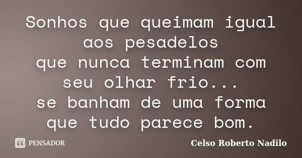 Sonhos que queimam igual aos pesadelos que nunca terminam com seu olhar frio... se banham de uma forma que tudo parece bom.... Frase de celso roberto nadilo.