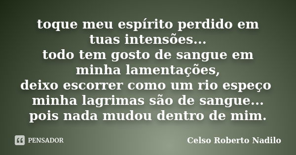 toque meu espírito perdido em tuas intensões... todo tem gosto de sangue em minha lamentações, deixo escorrer como um rio espeço minha lagrimas são de sangue...... Frase de celso roberto nadilo.