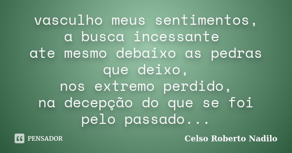 vasculho meus sentimentos, a busca incessante ate mesmo debaixo as pedras que deixo, nos extremo perdido, na decepção do que se foi pelo passado...... Frase de celso roberto nadilo.