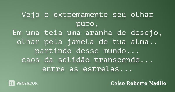 Vejo o extremamente seu olhar puro, Em uma teia uma aranha de desejo, olhar pela janela de tua alma.. partindo desse mundo... caos da solidão transcende... entr... Frase de celso roberto nadilo.