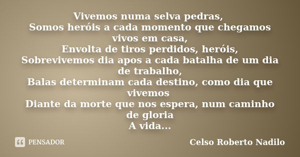 Vivemos numa selva pedras, Somos heróis a cada momento que chegamos vivos em casa, Envolta de tiros perdidos, heróis, Sobrevivemos dia apos a cada batalha de um... Frase de celso roberto nadilo.