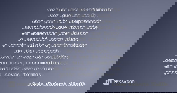 voz do meu sentimento voz que me cala, dor que não compreendo sentimento que tanto doe, em momentos que busco o sentido para tudo, e aonde sinto a profundezas d... Frase de celso roberto nadilo.