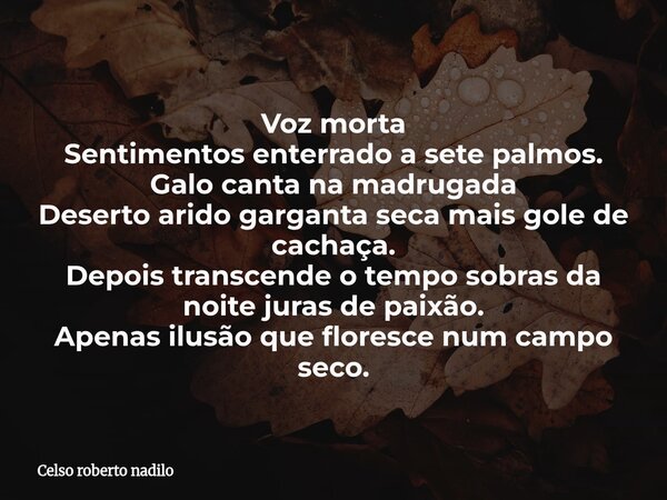 Voz morta Sentimentos enterrado a sete palmos. Galo canta na madrugada Deserto arido garganta seca mais gole de cachaça. Depois transcende o tempo sobras da noi... Frase de Celso roberto nadilo.