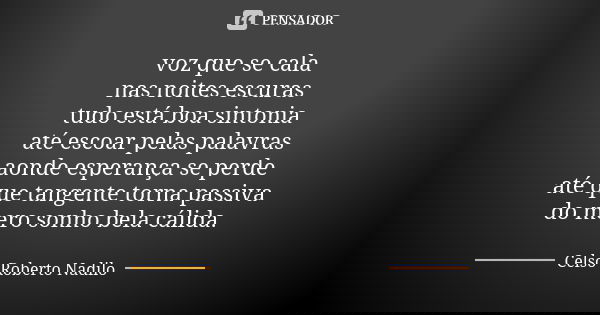 voz que se cala nas noites escuras tudo está boa sintonia até escoar pelas palavras aonde esperança se perde até que tangente torna passiva do mero sonho bela c... Frase de celso roberto nadilo.