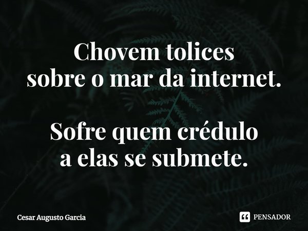 ⁠Chovem tolices
sobre o mar da internet. Sofre quem crédulo
a elas se submete.... Frase de Cesar Augusto Garcia.