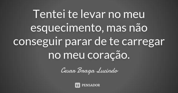 Tentei te levar no meu esquecimento, mas não conseguir parar de te carregar no meu coração.... Frase de Cesar Braga Lucindo.