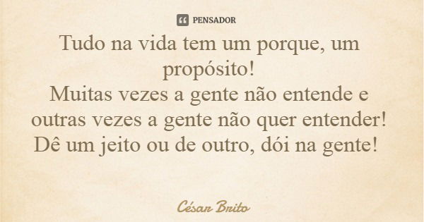 Tudo na vida tem um porque, um propósito! Muitas vezes a gente não entende e outras vezes a gente não quer entender! Dê um jeito ou de outro, dói na gente!... Frase de César Brito.