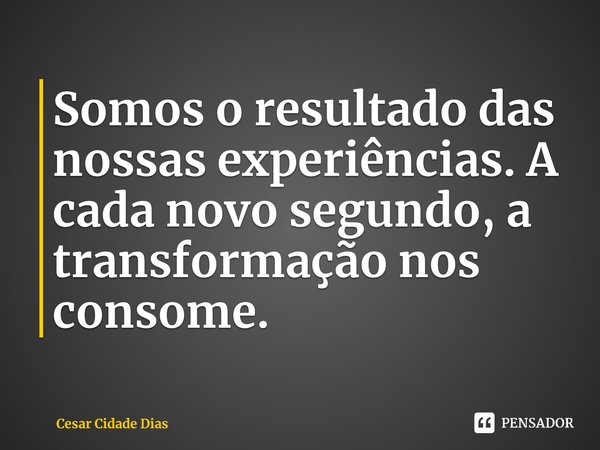 Somos o resultado das nossas experiências. A cada novo segundo, a transformação nos consome. ⁠... Frase de Cesar Cidade Dias.