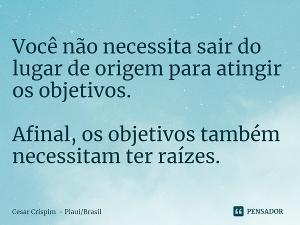 ⁠Você não necessita sair do lugar de origem para atingir os objetivos. Afinal, os objetivos também necessitam ter raízes.... Frase de Cesar Crispim - PiauíBrasil.