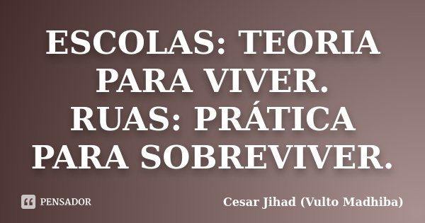 ESCOLAS: TEORIA PARA VIVER. RUAS: PRÁTICA PARA SOBREVIVER.... Frase de Cesar Jihad (Vulto Madhiba).