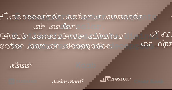 É necessário saber o momento de calar. O silêncio consciente diminui os impactos com as decepções. Kaab... Frase de César Kaab.