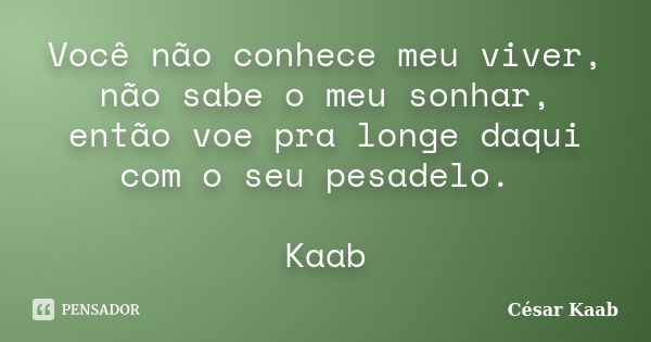 Você não conhece meu viver, não sabe o meu sonhar, então voe pra longe daqui com o seu pesadelo. Kaab... Frase de César Kaab.