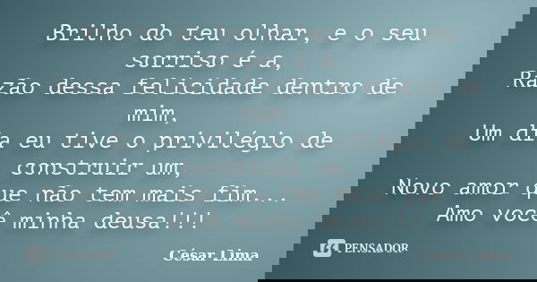 Brilho do teu olhar, e o seu sorriso é a, Razão dessa felicidade dentro de mim, Um dia eu tive o privilégio de construir um, Novo amor que não tem mais fim... A... Frase de César Lima.