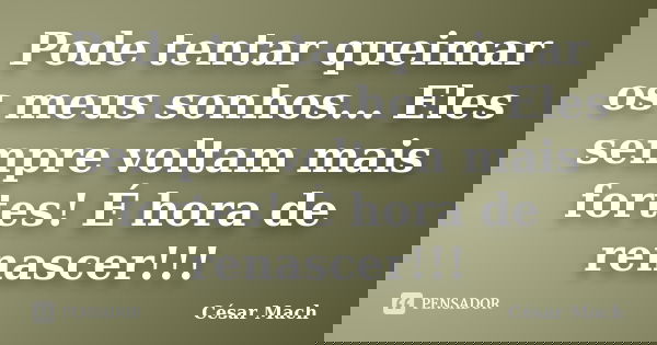Pode tentar queimar os meus sonhos... Eles sempre voltam mais fortes! É hora de renascer!!!... Frase de César Mach.