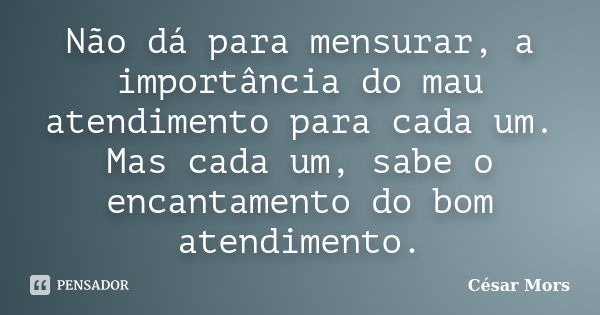 Não dá para mensurar, a importância do mau atendimento para cada um. Mas cada um, sabe o encantamento do bom atendimento.... Frase de César Mors.