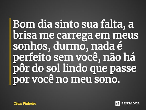 ⁠Bom dia sinto sua falta, a brisa me carrega em meus sonhos, durmo, nada é perfeito sem você, não há pôr do sol lindo que passe por você no meu sono.... Frase de Cesar Pinheiro.