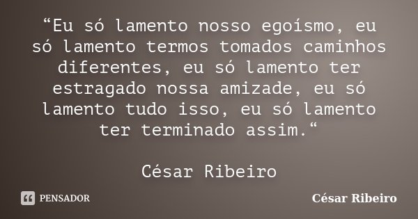 “Eu só lamento nosso egoísmo, eu só lamento termos tomados caminhos diferentes, eu só lamento ter estragado nossa amizade, eu só lamento tudo isso, eu só lament... Frase de César Ribeiro.