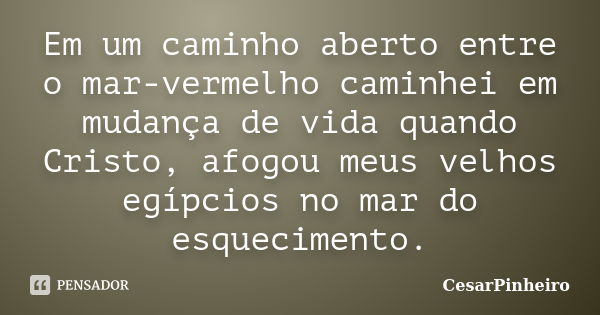 Em um caminho aberto entre o mar-vermelho caminhei em mudança de vida quando Cristo, afogou meus velhos egípcios no mar do esquecimento.... Frase de cesarpinheiro.