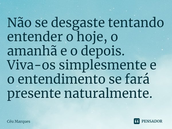 ⁠Não se desgaste tentando entender o hoje, o amanhã e o depois. Viva-os simplesmente e o entendimento se fará presente naturalmente.... Frase de Céu Marques.