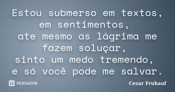 Estou submerso em textos, em sentimentos, ate mesmo as lágrima me fazem soluçar, sinto um medo tremendo, e só você pode me salvar.... Frase de Cezar Fruhauf.