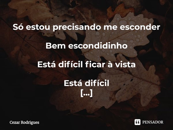 ⁠Só estou precisando me esconder
Bem escondidinho
Está difícil ficar à vista
Está difícil
Ficar na luz
Agora me esconder do que
De quem
De mim... Frase de Cezar Rodrigues.