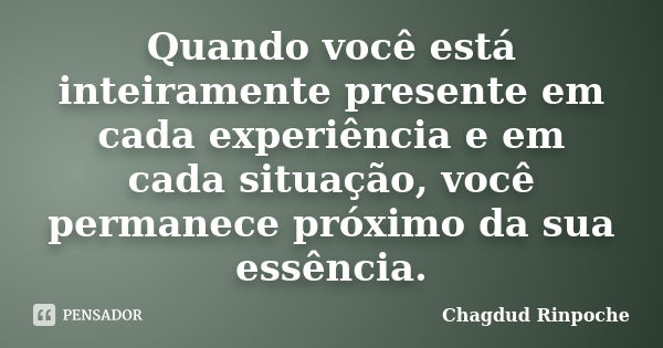 Quando você está inteiramente presente em cada experiência e em cada situação, você permanece próximo da sua essência.... Frase de Chagdud Rinpoche.