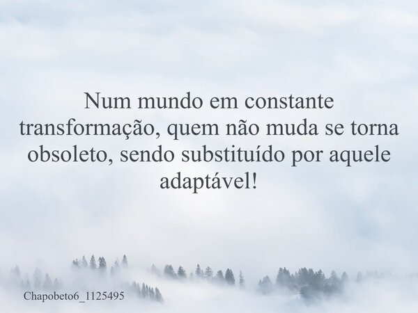 Num mundo em constante transformação, quem não muda se torna obsoleto, sendo substituído por aquele adaptável!... Frase de chapobeto6_1125495.