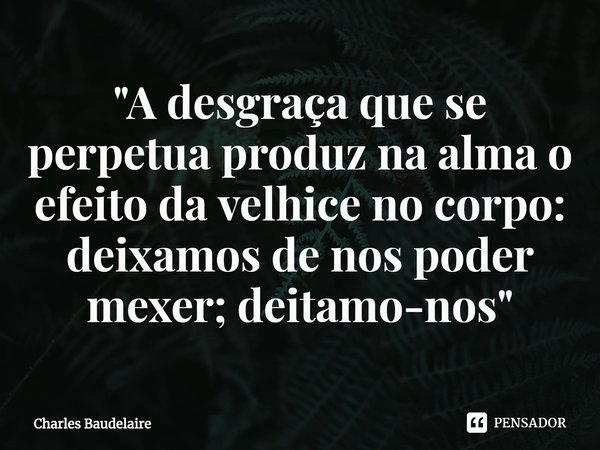 ⁠"A desgraça que se perpetua produz na alma o efeito da velhice no corpo: deixamos de nos poder mexer; deitamo-nos"... Frase de Charles Baudelaire.