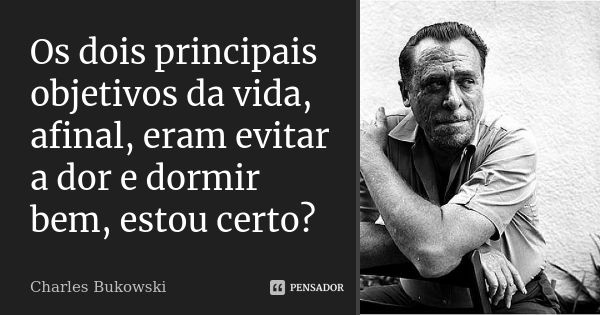 Os dois principais objetivos da vida, afinal, eram evitar a dor e dormir bem, estou certo?... Frase de Charles Bukowski.