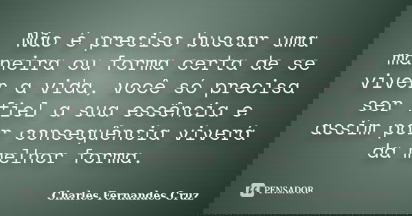 Não é preciso buscar uma maneira ou forma certa de se viver a vida, você só precisa ser fiel a sua essência e assim por consequência viverá da melhor forma.... Frase de Charles Fernandes Cruz.