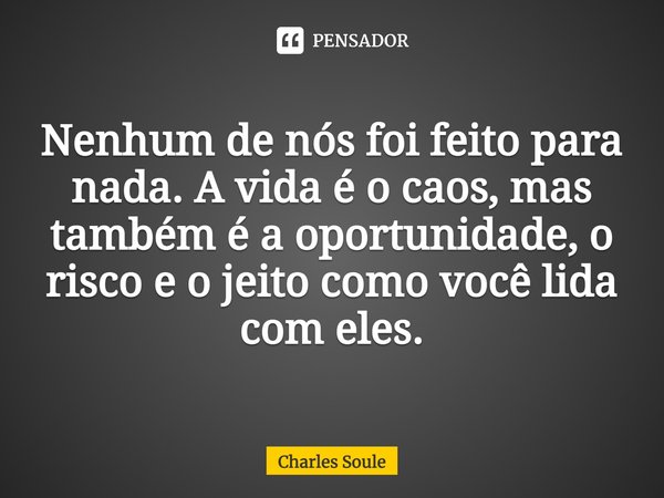 ⁠Nenhum de nós foi feito para nada. A vida é o caos, mas também é a oportunidade, o risco e o jeito como você lida com eles.... Frase de Charles Soule.