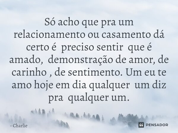 Só acho que pra um relacionamento ou casamento dá certo é preciso sentir que é amado, demonstração de amor, de carinho , de sentimento. Um eu te amo hoje em dia... Frase de Charlie.