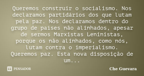 Queremos construir o socialismo. Nos declaramos partidários dos que lutam pela paz. Nos declaramos dentro do grupo de países não alinhados, apesar de sermos Mar... Frase de Che Guevara.