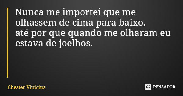 Nunca me importei que me olhassem de cima para baixo. até por que quando me olharam eu estava de joelhos.... Frase de Chester Vinicius.