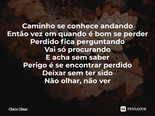 ⁠Caminho se conhece andando
Então vez em quando é bom se perder
Perdido fica perguntando
Vai só procurando
E acha sem saber
Perigo é se encontrar perdido
Deixar... Frase de Chico César.