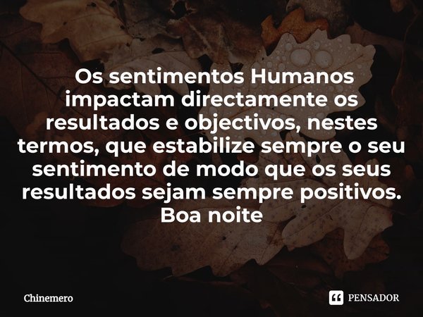 ⁠ Os sentimentos Humanos impactam directamente os resultados e objectivos, nestes termos, que estabilize sempre o seu sentimento de modo que os seus resultados ... Frase de Chinemero.