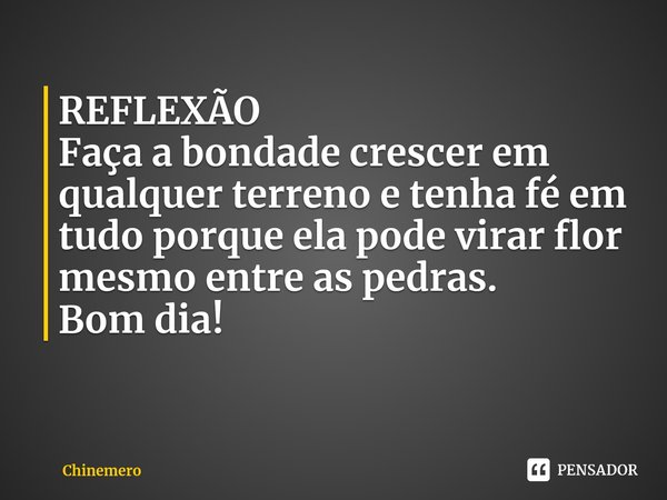 ⁠REFLEXÃO Faça a bondade crescer em qualquer terreno e tenha fé em tudo porque ela pode virar flor mesmo entre as pedras. Bom dia!... Frase de Chinemero.